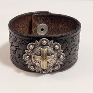 Handmade Boho Leather Cuff Bracelet Silver Brass Cross Medallion